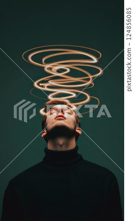 Man in deep contemplation with swirling light trails above his head, symbolizing mental overload, stress, and the chaos of thoughts. Represents burnout, migraines, and information overwhelm 124856085