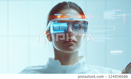 Scientist wearing augmented reality glasses analyzing data and holographic projections in futuristic laboratory, showcasing innovative technology for research and development 124856086