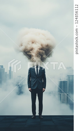 Businessman stands amidst a cityscape with his head exploding into a cloud, symbolizing overwhelming stress, information overload, and burnout in a fast paced urban environment Businessman stands amidst a cityscape with his head exploding into a cloud, symbolizing overwhelming stress, information overload, and burnout in a fast paced urban environment 124856112