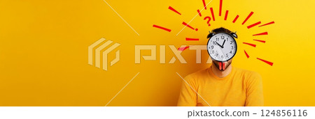 Person with a clock for a head symbolizes overwhelming stress and time pressure. Red lines and question marks illustrate mental overload, burnout, and the chaos of modern life 124856116