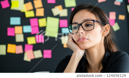 Young businesswoman contemplating various choices and directions represented by colorful sticky notes on a blackboard, embodying decision making and job insecurity 124856129