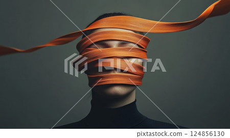 Orange ribbons are tightly wrapped around a woman's head, covering her eyes and mouth, symbolizing information overload, stress, burnout, and mental health challenges 124856130