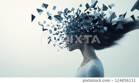 Profile of a young woman with long hair blowing in the wind and her head exploding into small geometric fragments, symbolizing stress, information overload, and mental health issues 124856131