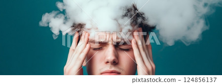 Young man experiencing a strong headache with smoke simulating his thoughts coming out of his head, symbolizing stress, burnout and mental health issues 124856137