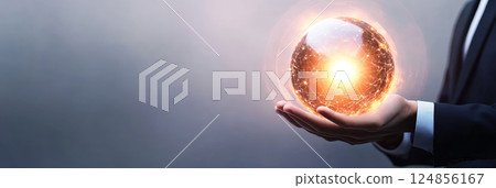 Businessman making important decision, choosing right way, holding luminous sphere of opportunities, representing choice, direction, and overcoming fear of better options 124856167