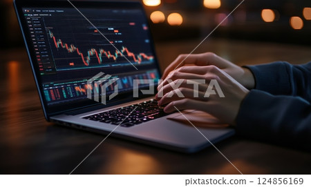 Stock trader analyzing real time data and charts on a laptop, making informed investment decisions during a night trading session in the dynamic stock market environment 124856169