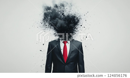 Businessman exploding head is suffering from stress and burnout, experiencing information overload and mental health problems, depicted with dark smoke and particles Businessman exploding head is suffering from stress and burnout, experiencing information overload and mental health problems, depicted with dark smoke and particles 124856176