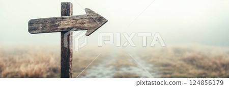 Wooden arrow sign is pointing towards a foggy path into the unknown, symbolizing choices, directions, and the fear of better options - fobo - in decision making 124856179