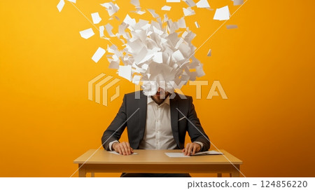 Office worker overwhelmed by information overload. With documents exploding from his head while sitting at a desk against a vibrant yellow background. Illustrating burnout and mental health struggles 124856220