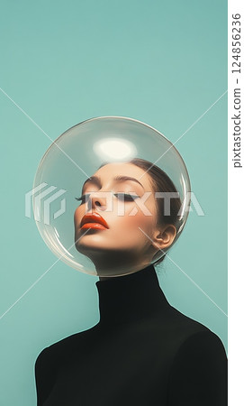 Fashion model wearing a transparent helmet and experiencing information overload, thoughts, stress, migraine, dementia or burnout with closed eyes and orange lipstick on a turquoise background 124856236