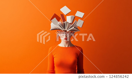 Young woman with exploding head and flying books and papers on orange background representing information overload, stress, migraine, burnout or dementia 124856242