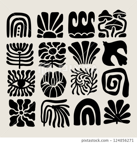 Trendy retro 70s-inspired groovy floral Matisse-style summer elements with leaf shapes, flowers, bird, rainbow, sea and sun , blending modern and organic elements. Vector 124856271