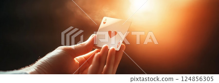 Close up of gambler hands showing illuminated ace of hearts playing card, creating a dramatic and suspenseful atmosphere in casino or poker game with fear of better option and decision making fear Close up of gambler hands showing illuminated ace of hearts playing card, creating a dramatic and suspenseful atmosphere in casino or poker game with fear of better option and decision making fear 124856305