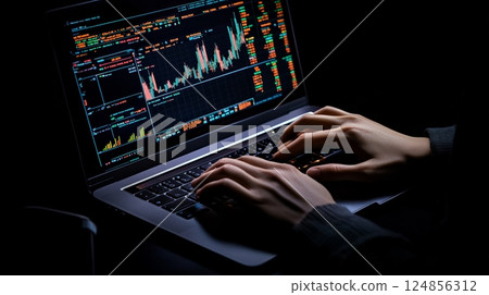 Trader working at night analyzing graphs on a laptop screen, making important decisions with fear of better option and job insecurity in a dark room 124856312