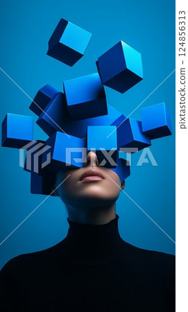Blue cubes exploding from a woman's head visualize information overload and stress, creating a surreal image against a vibrant blue backdrop 124856313