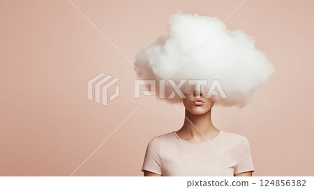 Young woman covering her face with a large white cloud symbolizing information overload, stress, burnout, and mental health challenges on a minimalist pink background 124856382