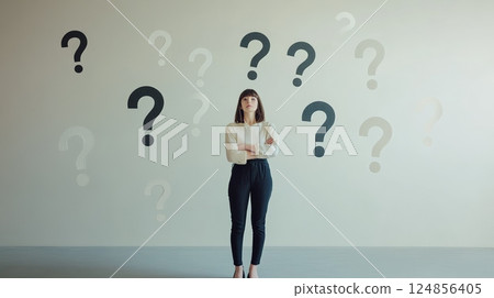 Young businesswoman standing with crossed arms in front of a wall with many question marks, symbolizing her difficult choice and the fear of better options 124856405