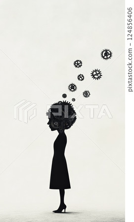 Silhouette of a woman losing thoughts represented by gears escaping from her head, symbolizing stress, burnout, information overload, mental health issues, and the complexity of human thinking Silhouette of a woman losing thoughts represented by gears escaping from her head, symbolizing stress, burnout, information overload, mental health issues, and the complexity of human thinking 124856406