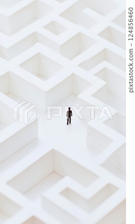 Businessman figurine is standing in the middle of a white maze, symbolizing decision making, career choices, problem solving, strategy, and planning in business and life Businessman figurine is standing in the middle of a white maze, symbolizing decision making, career choices, problem solving, strategy, and planning in business and life 124856460