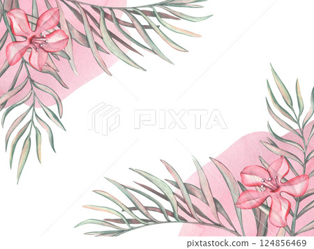 Postcard with light tropical leaves, Pink flowers and Abstract pink watercolor spots. Watercolor illustration template for wedding invitation. Abstract background save the date for wedding ceremony 124856469
