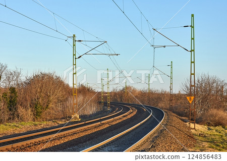 Double track railway main line rails Double track railway main line rails 124856483