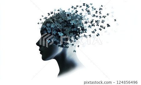 Silhouette of a human head dissolves into scattered puzzle pieces, symbolizing concepts of stress, information overload, and mental burnout. The image conveys themes of cognitive fragmentation Silhouette of a human head dissolves into scattered puzzle pieces, symbolizing concepts of stress, information overload, and mental burnout. The image conveys themes of cognitive fragmentation 124856496