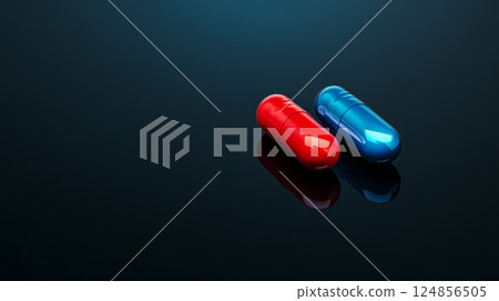 Two pills, one red and one blue, lying on a reflective surface represent a difficult choice or decision, symbolizing the concept of choosing between two distinct options Two pills, one red and one blue, lying on a reflective surface represent a difficult choice or decision, symbolizing the concept of choosing between two distinct options 124856505