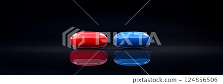 Glossy red and blue pills reflecting on a dark surface symbolize the struggle of making choices, highlighting the anxiety and uncertainty surrounding difficult decisions and potential outcomes Glossy red and blue pills reflecting on a dark surface symbolize the struggle of making choices, highlighting the anxiety and uncertainty surrounding difficult decisions and potential outcomes 124856506