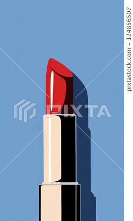 Red lipstick casting a shadow on a blue background represents beauty, cosmetics, and getting ready for a special occasion or everyday makeup routine Red lipstick casting a shadow on a blue background represents beauty, cosmetics, and getting ready for a special occasion or everyday makeup routine 124856507