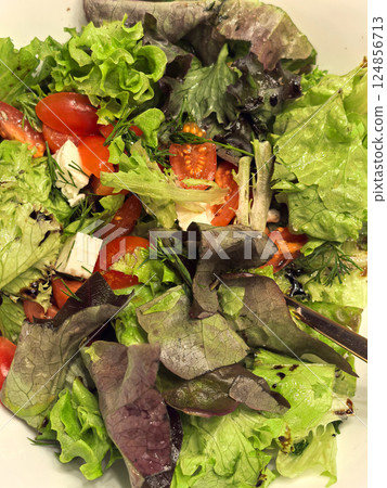 Fresh green salad with vibrant vegetables glistening in midday sun Fresh green salad with vibrant vegetables glistening in midday sun 124856713