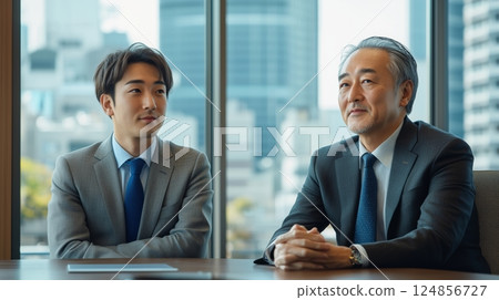 Japanese businessmen in boardroom, modern city vista, confident gaze 124856727