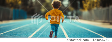 Child athlete sprints down the track during a competitive running event 124856759