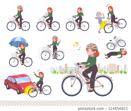 Set of red-haired woman riding a city bike 124856821