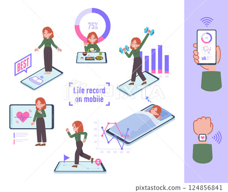 Set of red-haired women managing their behavior and health with their smartphones Set of red-haired women managing their behavior and health with their smartphones 124856841