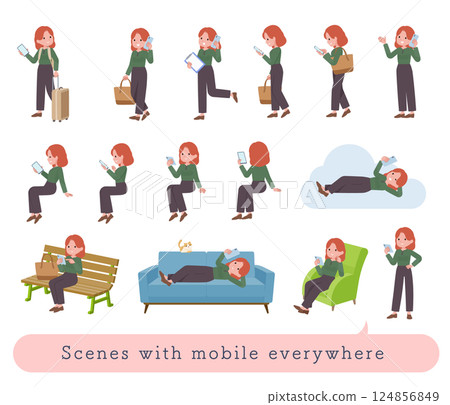 一群紅髮女性在各種場景中使用智慧型手機 124856849