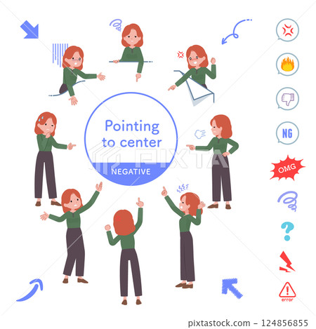 Set of red-haired women pointing in various directions 124856855