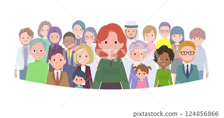 Set of red-haired woman standing in front of a crowd 124856866