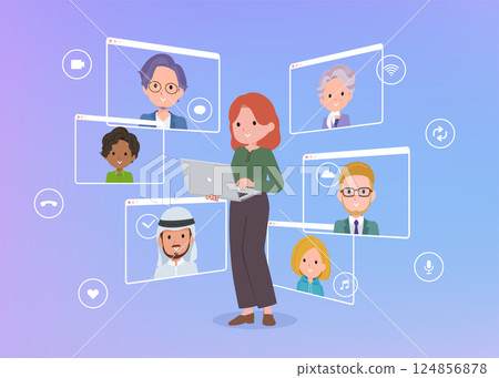 Set of red-haired women communicating online using a laptop 124856878