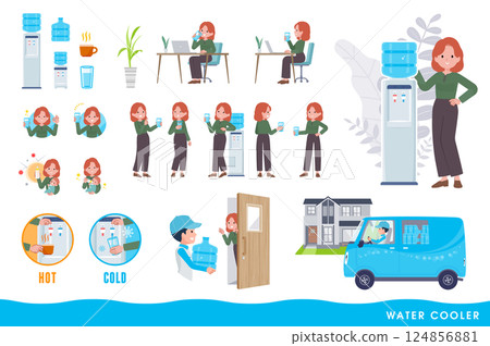A set of a water server and a red-haired woman. Easy to edit vector art. 124856881