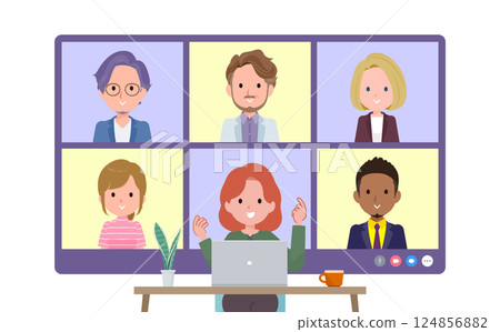 A set of red-haired women having an online meeting with multiple people. Front angle 124856882