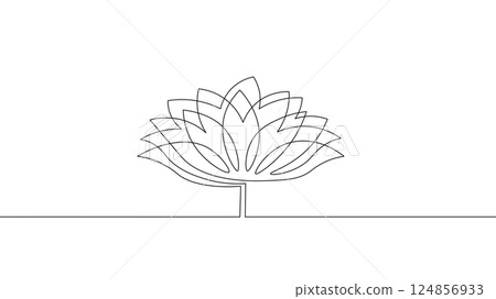Lotus flower single line drawing. Petals layered minimal style. Meditation wellness yoga beauty zen. Simple outline flat lay white background 124856933