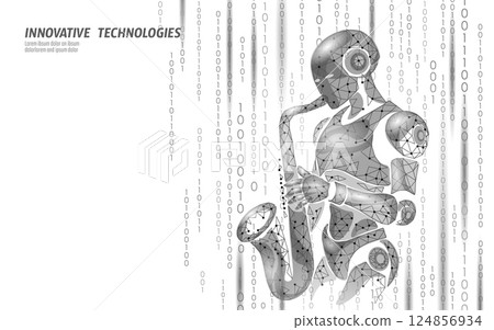 Robot playing saxophone with binary code. Polygonal mesh design technology concept. Illustration suitable for AI music innovation. Low poly style digital art on white background 124856934