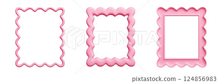 Scallop frame border set - pink 3d featuring wavy shell-inspired edges. Curvy rectangular outlines with ruffled trim in feminine hue. Charm, whimsy ornamental flourishes for greeting card, invitation 124856983