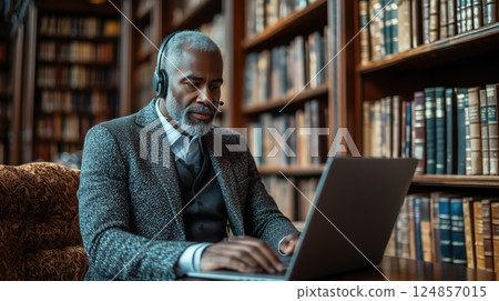 Senior man with headset working in library Senior man with headset working in library 124857015