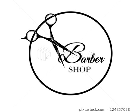 Barber Shop circle logo icon, scissors silhouette symbol saloon tools, vector illustration isolated on white background 124857058