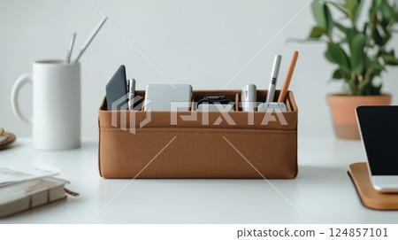 Fabric gadget storage box on desk 124857101