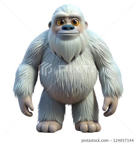 Adorable friendly yeti cartoon character smiling, cute and fluffy mythical creature, playful bigfoot design, whimsical winter monster 124857144