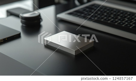 Cool metal business card case and black desk Cool metal business card case and black desk 124857167