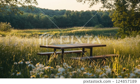 草地上的木製野餐桌 草地上的木製野餐桌 124857189