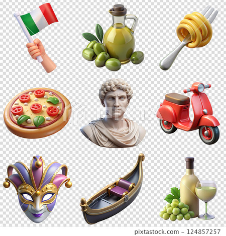 Collection of 3d italian symbols flag, venetian mask, gondola, delicious pasta, pizza, white wine 124857257